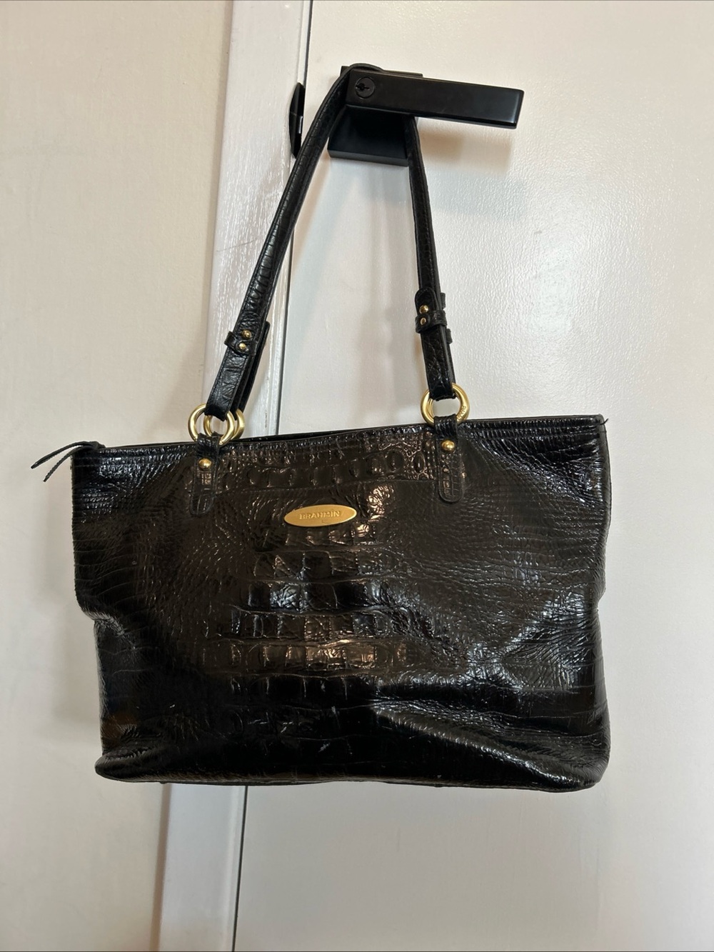 Brahmin Black Croc-Embossed Shoulder Tote with Gold Hardware - Picture 2 of 6